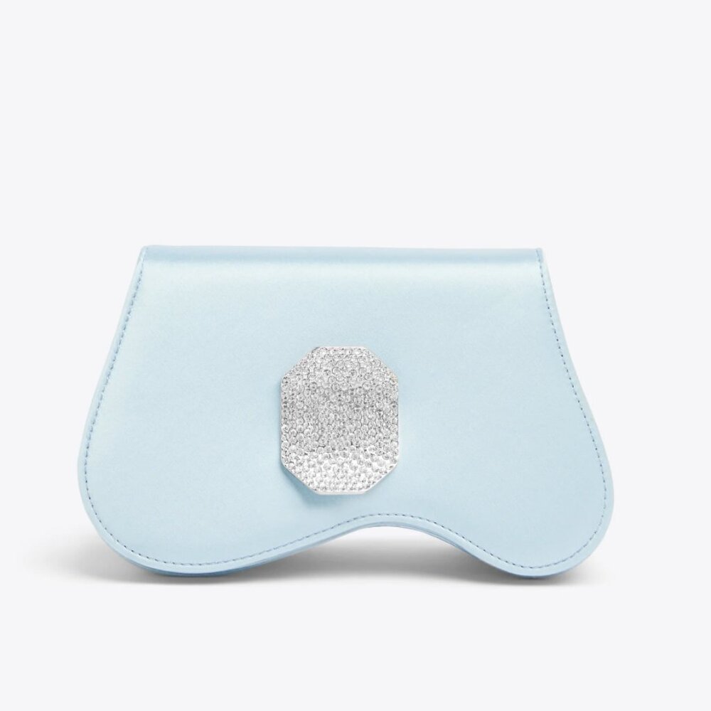 NIB Malone Souliers Divine Baby Blue Asymmetric Curved Satin Clutch